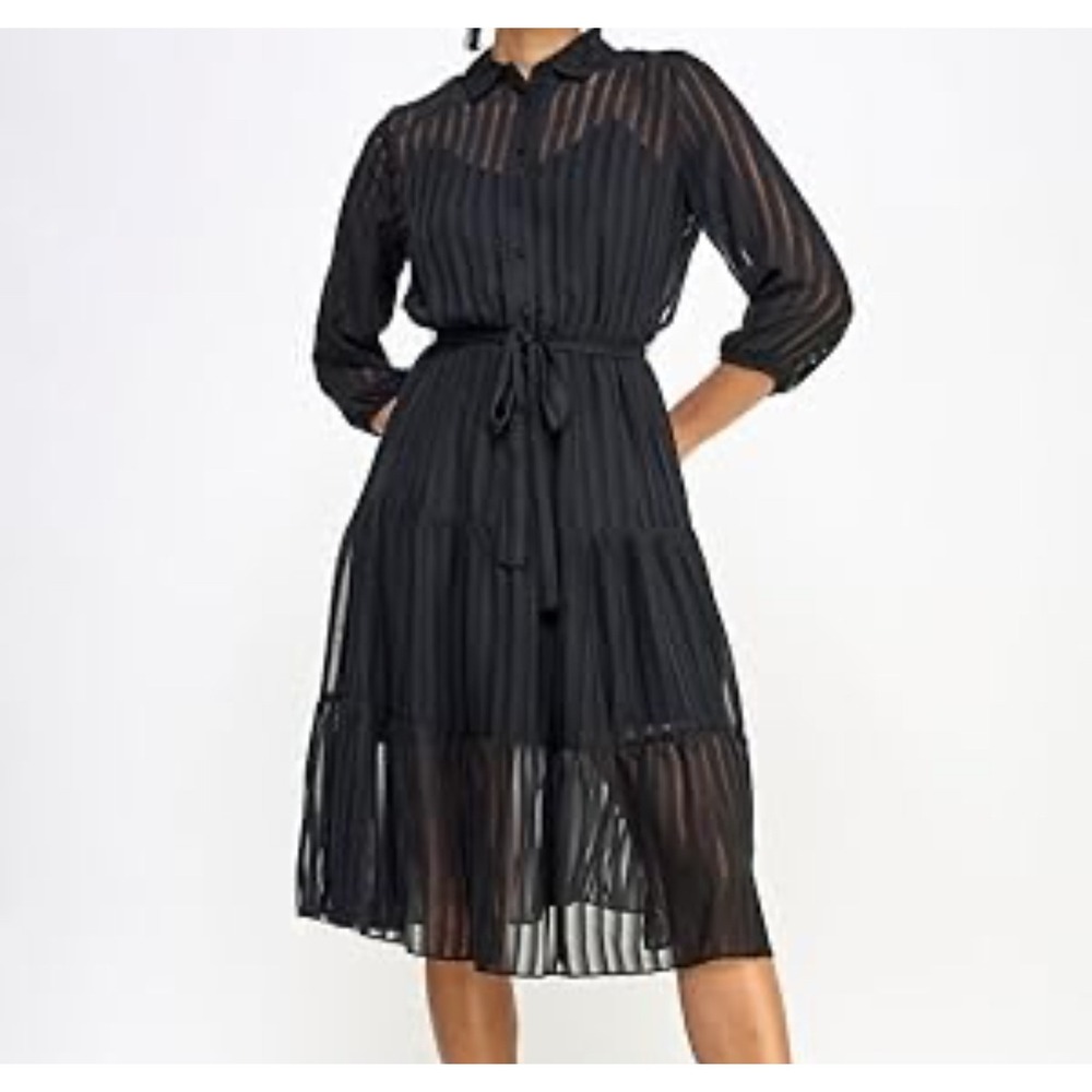 Nanette Lapore black sheer chiffon button up tie front long sleeve dress size 8